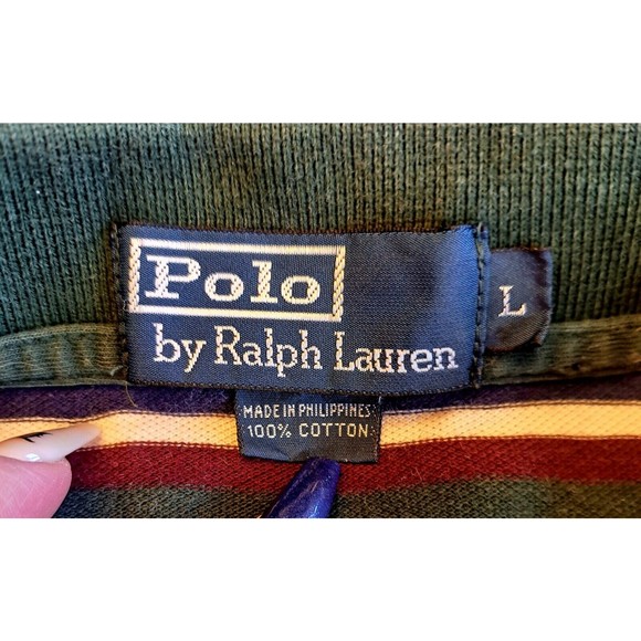 VTG Polo Ralph Lauren Shirt Men's LARGE Green Blue Red STRIPED Pony Logo Rugby - Picture 5 of 8